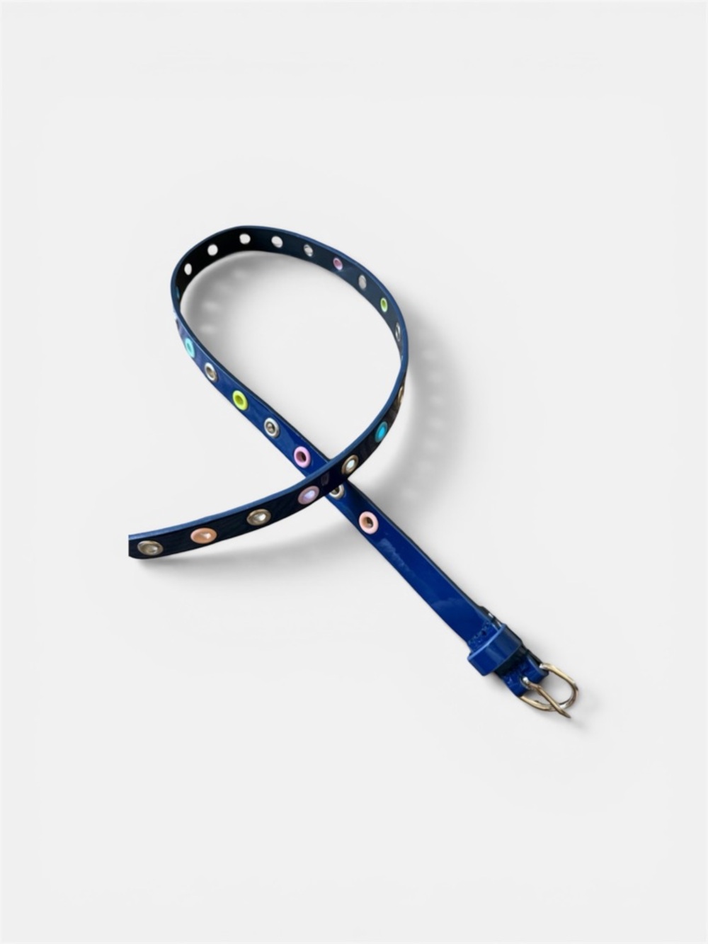 90s Vintage Rainbow Belt Grommet Detail Navy Patent SIZE 29”L by .75”W